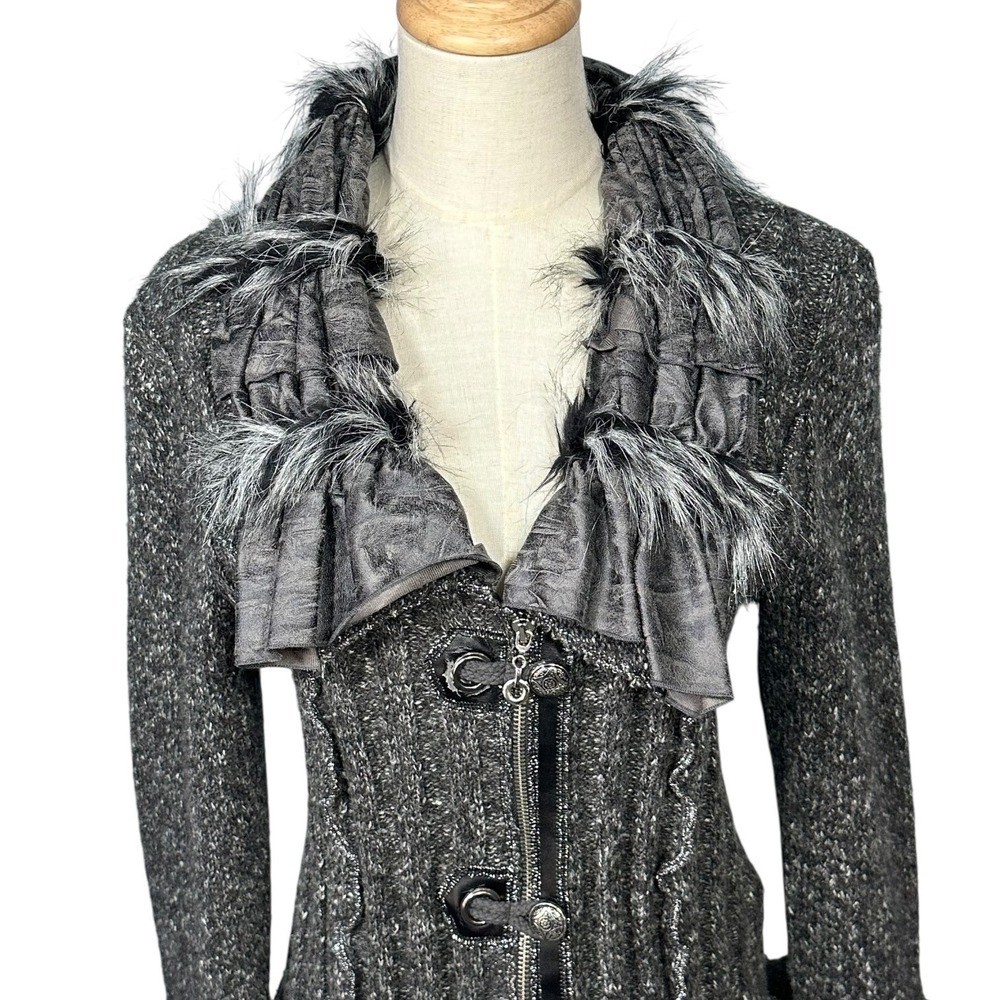 Y2K Fairy Grunge Ruffle Cardigan Faux Fur Trim Goth Indie Boho Forest Size M - Picture 2 of 13